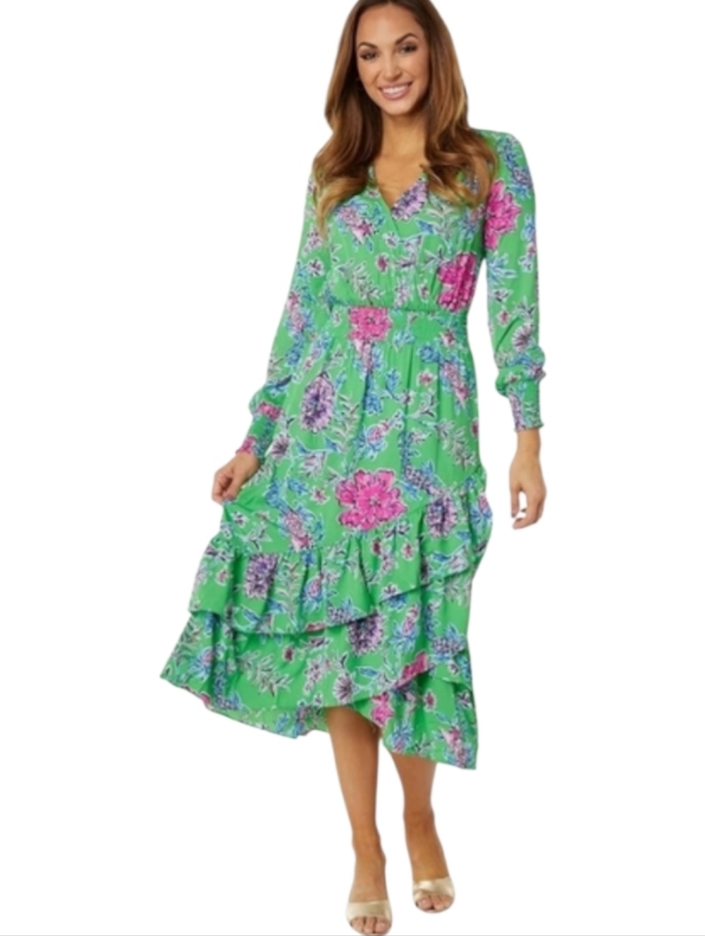 Lilly Pulitzer Chistiana Green Floral Ruffled Midi Dress Size 8